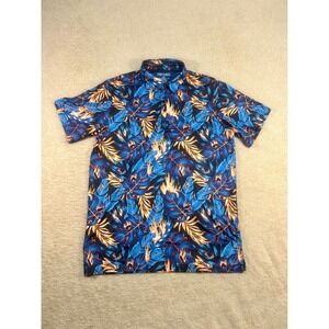PINS & ACES‎ Mens L Blue Orange Flame Tropical Leaf Button Up Shirt Golf Casual